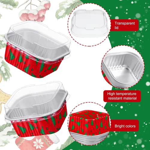 Vista 3 de 100 piezas de tazas de aluminio para Navidad, contenedor de cupcakes de papel de aluminio con tapas, 5 onzas, molde cuadrado de papel de aluminio