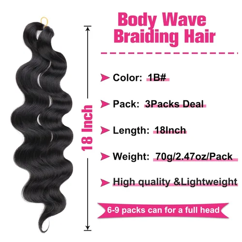 Vista 2 de Unionbeauty - Cabello trenzado ondulado de 18 pulgadas, paquete de 3 unidades, cabello trenzado preemplumado, trenzas bohemias negras para trenzas