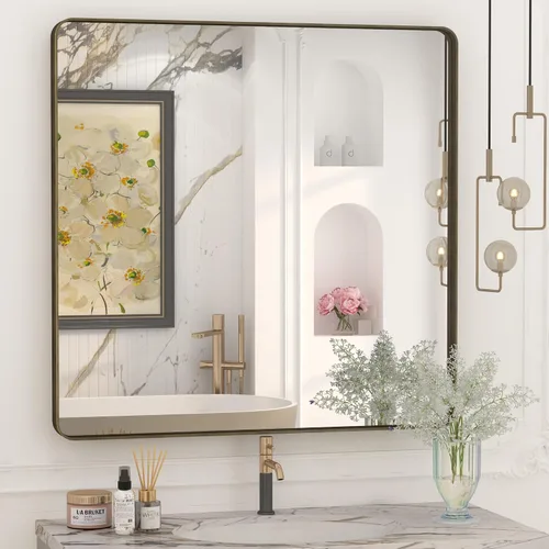 Vista 66 de Paquete de 2 espejos de baño con marco de metal negro de 22 x 30 pulgadas, espejo rectangular redondeado negro mate, antioxidante, se cuelga