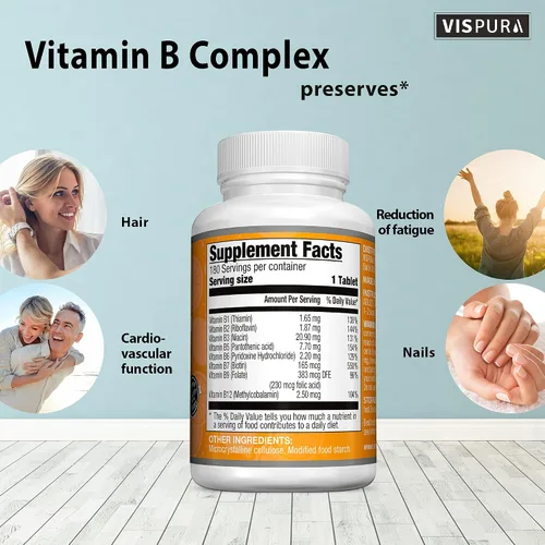 Vista 4 de Complejo de vitamina B, 180 tabletas veganas, todas las vitaminas B, incluyendo B12, B1, B2, B3, B5, B6, B7, B9, ácido fólico, para el estrés