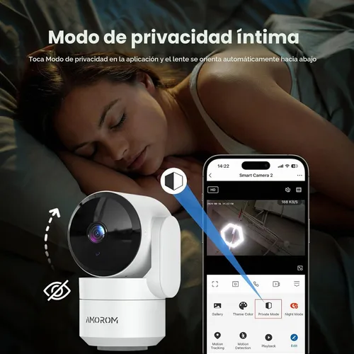Vista 6 de AMOROM Cámara de seguridad para interiores 360° con panorámica/inclinación, monitor para mascotas, perros y bebés, visión nocturna HD 1080P
