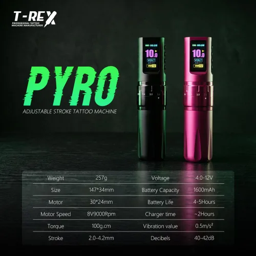 Vista 2 de Urex PYRO Kit de máquina de tatuaje, carrera ajustable 0.1-0.2 in, batería 1800mAh Kit negro 4728