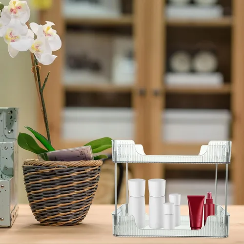 Vista 5 de Alipis Organizador de encimera de baño de 2 niveles, bandeja de perfume transparente, organizador decorativo para el cuidado de la piel, estante