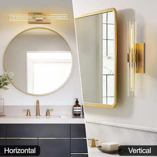 Vista 2 de Apliques de pared modernos de latón y vidrio, luces de tocador de 24 pulgadas para baño, 2 luces, aplique de pared lineal horizontal o vertical