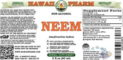 Vista 2 de Extracto líquido sin alcohol de Neem, suplemento herbario natural de glicerita de hoja seca de neem orgánico (Azadirachta Indica), Hawaii Pharm, EE.