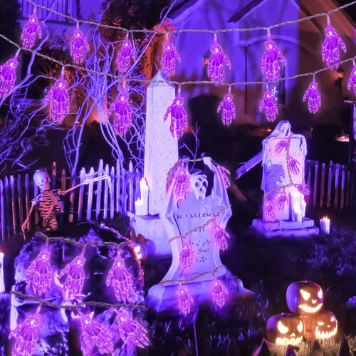 Vista 2 de JMEXSUSS Guirnalda de luces moradas de Halloween, 15.2 pies, 30 luces LED de mano de esqueleto, funciona con pilas, luces de Halloween