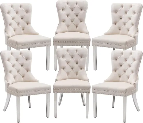 Vista 28 de Juego de 2 sillas de comedor de terciopelo beige, elegantes capitoné