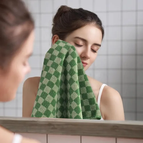 Vista 7 de Jacquotha Paquete de 4 toallas de mano suaves, juego de toallas faciales a cuadros verdes para baño, toallas de cocina decorativas de secado rápido