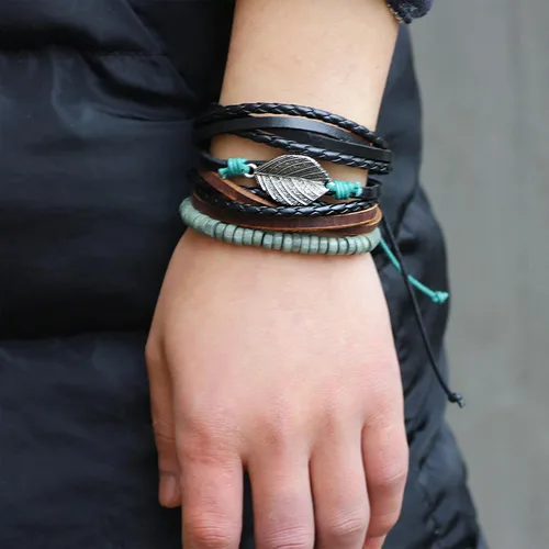 Vista 2 de Long tiantian Pulsera de cuero para hombres y mujeres, pulseras étnicas tribales, pulseras de cuero, ajustables, hechas a mano, cuerda trenzada