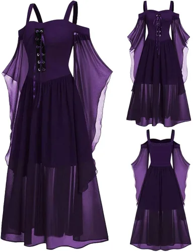 Vista 2 de SHOPESSA Disfraz medieval para mujer, con corsé, ropa gótica, hombros descubiertos, vestido de corsé steampunk, manga mariposa, vestido largo, marino