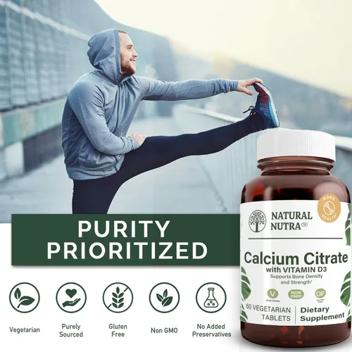 Vista 4 de Natural Nutra Citrato de calcio con vitamina D3, suplemento para la fuerza ósea, promueve los movimientos musculares, aumenta la salud del corazón
