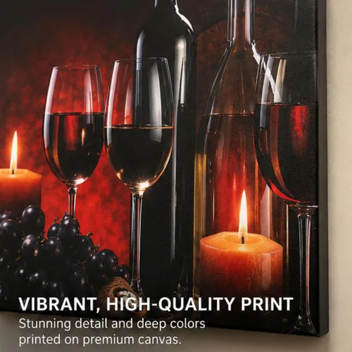 Vista 5 de Arte de pared LED de vino con luces, copas de vino tinto, velas y uvas, decoración de pared en lienzo iluminado, funciona con pilas, para colgar