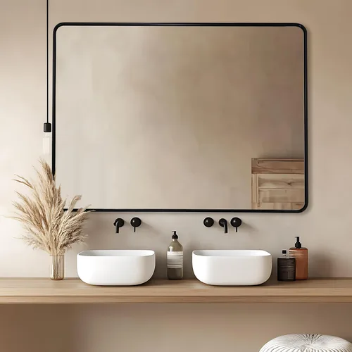 Vista 29 de Espejo de latón para baño, espejo rectangular redondeado de 22x30 pulgadas con marco de metal cepillado dorado, espejo de tocador de baño sin
