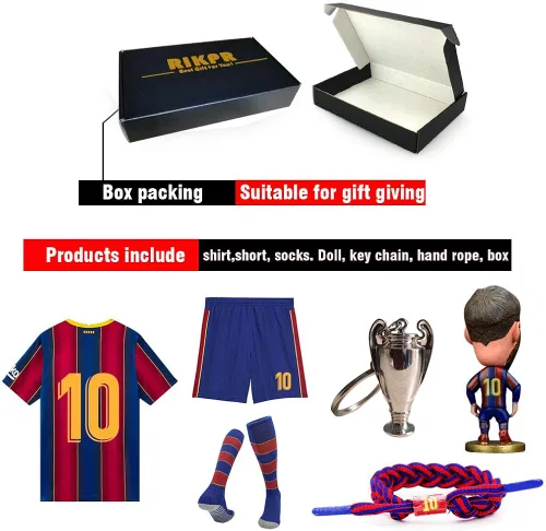 Vista 6 de Nueva camiseta de fútbol número 10 para niños y niñas, uniforme con muñeca + calcetín + llavero + pulsera, conjunto de regalo de camiseta de fútbol
