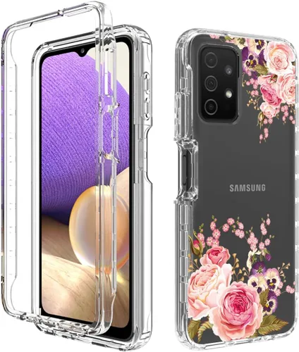 Vista 6 de Funda para Galaxy A32 5G/M32 5G SM-A326 con protector de pantalla de vidrio templado, cuerpo completo, transparente, flexible, con diseño floral