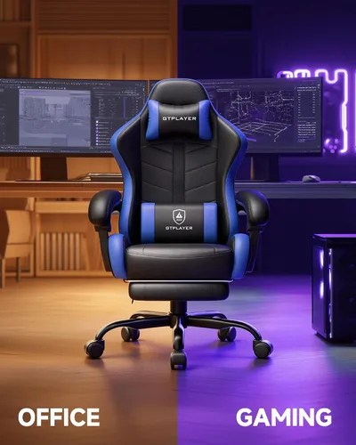 Vista 4 de GTPLAYER Silla de juegos para adultos, silla ergonómica para juegos de computadora con reposapiés, altura ajustable, reclinación de 90-155° y Azul