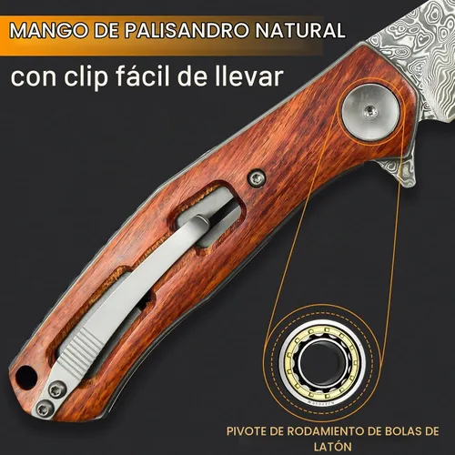 Vista 6 de Cuchillo de bolsillo plegable de Damasco AUBEY hecho a mano con clip para hombres, cuchillo de caza de Damasco EDC con bloqueo de vástago para Mango