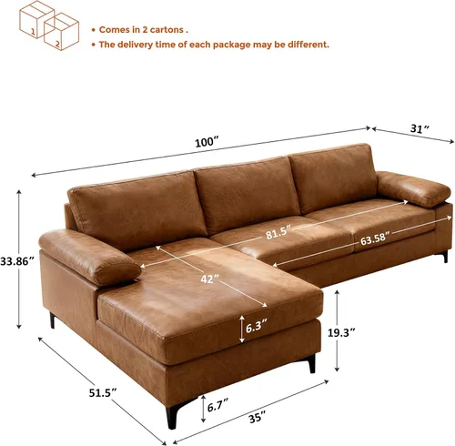 Vista 2 de VANOMi Sofá de piel sintética para sala de estar, sofás y sofás de 100 pulgadas con diván convertible de 3 plazas para sala de estar, apartamento
