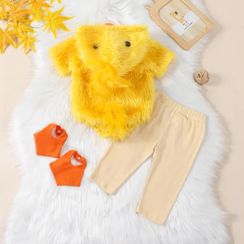 Vista 3 de Disfraz de pollo para bebés niños y niñas, de manga corta, con broches de presión, mameluco de felpa para recién nacido, disfraz de huevo de pollo