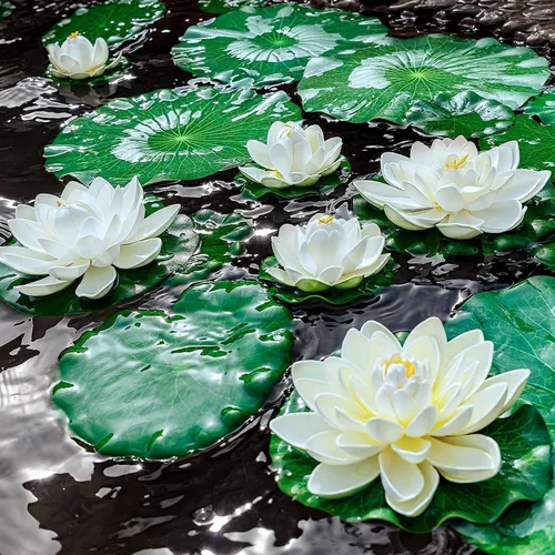 Vista 2 de 16 flores flotantes artificiales para piscina, 7 y 4 pulgadas, almohadillas de lirio de agua falsas, flores de loto, decoraciones flotantes