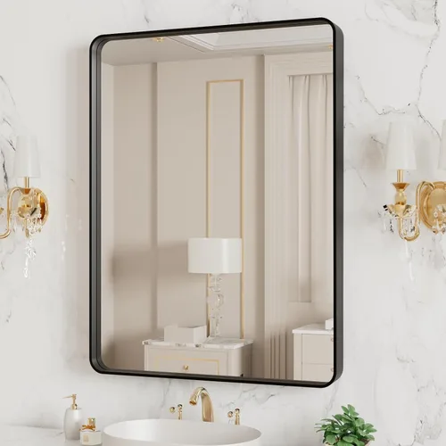 Vista 3 de LOAAO 20x16 Pulgadas Espejo de Baño con Marco de Metal Negro para Pared, Espejo de Tocador de Baño de Estilo Granja, Espejo Grande Rectangular