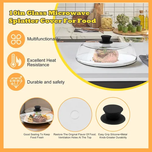 Vista 5 de Tapa de 10 Pulgadas de Vidrio para Microondas con Protección contra Salpicaduras para Alimentos con Alfombrilla de Silicona, Tapa de 10 Pulgadas