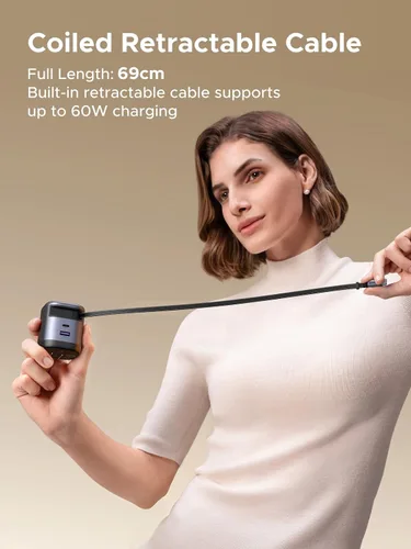 Vista 3 de UGREEN Nexode - Cargador retráctil USB C de 65 W GaN con cable integrado, adaptador de pared de carga rápida de 2 puertos para iPhone 17/16/15