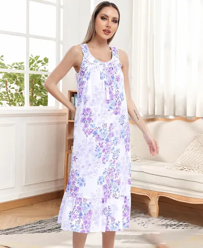 Vista 6 de IZZY + TOBY Camisones de algodón para mujer, sin mangas, suave, camisón de noche, camisón largo