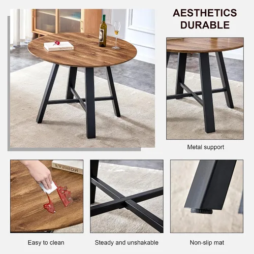 Vista 7 de Mesas redondas de 42 pulgadas, modernas mesas de comedor redondas con mesa de madera y patas de acero inoxidable, mesa circular tapizada para Marrón