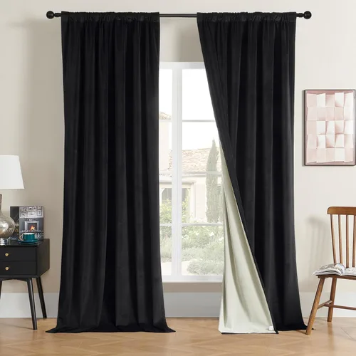 Vista 9 de Joydeco Cortinas de terciopelo negro de 63 pulgadas de largo, 2 paneles, cortinas opacas de lujo con bolsillo para barra, cortinas de ventana