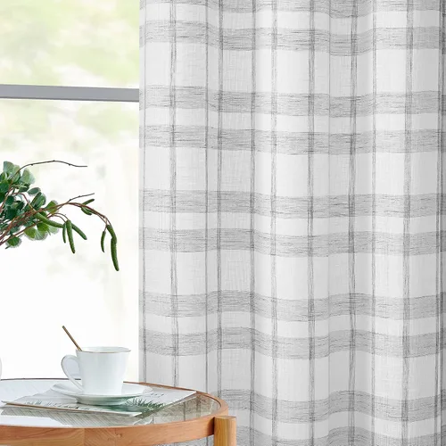 Vista 2 de SXZJTEX Cortinas a cuadros grises y blancos, cortinas rústicas de lino traslúcido a cuadros de 63 pulgadas de largo para sala de estar, dormitorio