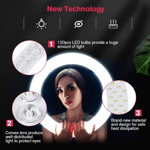 Vista 6 de Anillo de luz LED de 18 pulgadas con soporte de trípode, luz de anillo para selfie de maquillaje regulable para retrato de estudio, YouTube, Vlog
