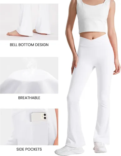 Vista 2 de BOOPH Leggings acampanados para niñas con bolsillos, cintura cruzada, cintura alta, pantalones de yoga acampanados, pantalones deportivos
