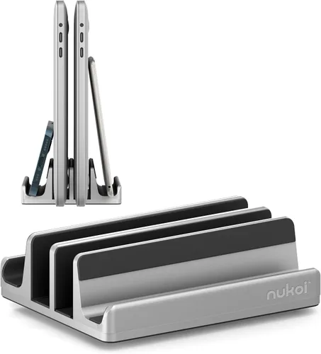 Vista 8 de Soporte vertical para laptop SPACEMax Soporte de escritorio de aluminio con 4 ranuras de silicona con 4 ranuras, soporte de doble muelle, 2 ranuras