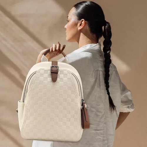 Vista 2 de Mochila pequeña para mujer, bonita mochila a cuadros de piel sintética para mujer, mochila ligera para el hombro, escuela y viajes, Negro