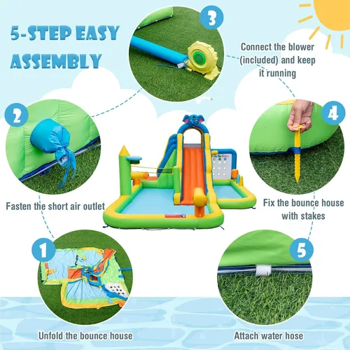 Vista 3 de HONEY JOY Tobogán acuático inflable, tobogán acuático de elefante 9 en 1 para patio trasero de niños, piscina de chapoteo, punta de tac, pared