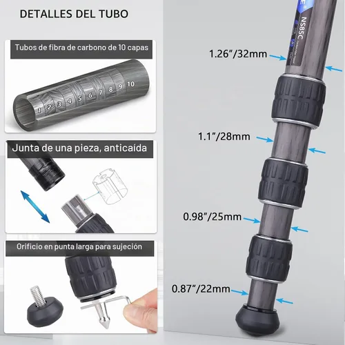 Vista 4 de Trípode de cámara de fibra de carbono con cabeza de bola de perfil bajo de 1.732 in, trípode compacto profesional ARTCISE NS85C, columna central