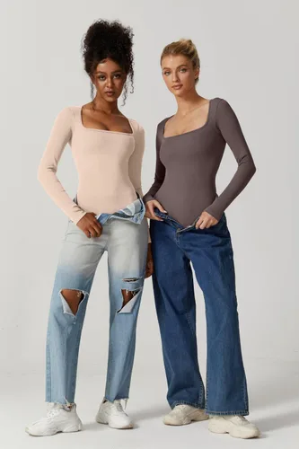 Vista 11 de Meyeeka Body sexy sin costuras para mujer con cuello cuadrado, manga larga