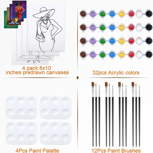 Vista 2 de Nuberlic Paquete de 4 pinturas elegantes de 8 x 10 pulgadas, lienzo predibujado para pintar para adultos Afro Queen sorbo y pintura, recuerdo