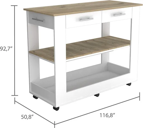 Vista 9 de FM FURNITURE Brooklyn 80 Isla de cocina con acento de roble claro, con estantes y cajones