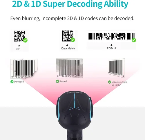 Vista 3 de Alacrity Escáner de código de barras industrial 2D 1D QR con soporte, Bluetooth inalámbrico de 2.4 GHz 2 en 1, lector de código de barras manos