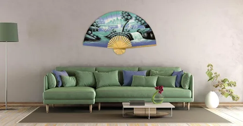 Vista 3 de Abanico de pared plegable gigante chino pintado a mano, arte decorativo decorativo de pared, pintura acrílica original hecha a mano sobre un marco