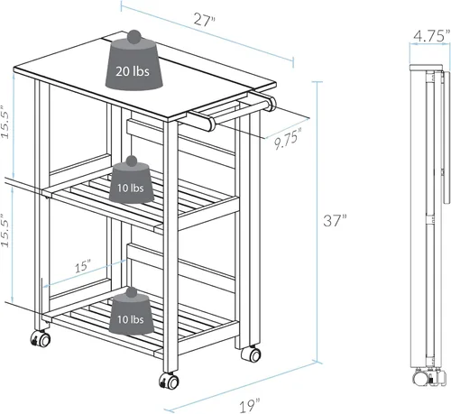 Vista 6 de Casual Home Carrito de cocina natural plegable Trek, 27 pulgadas de ancho (372-30)