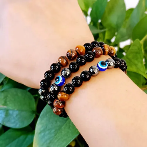 Vista 79 de Pulseras de triple protección con piedra de ojo de tigre de obsidiana negra con hematita para hombres y mujeres, pulsera de piedra curativa