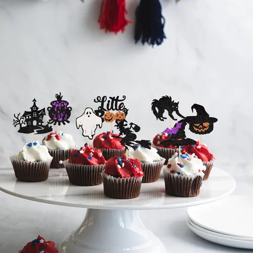 Vista 7 de Rsstarxi Paquete de 24 adornos para cupcakes Little Boo con purpurina, bruja, gato, calabaza, castillo, fantasma, magdalenas, alimentos, decoración