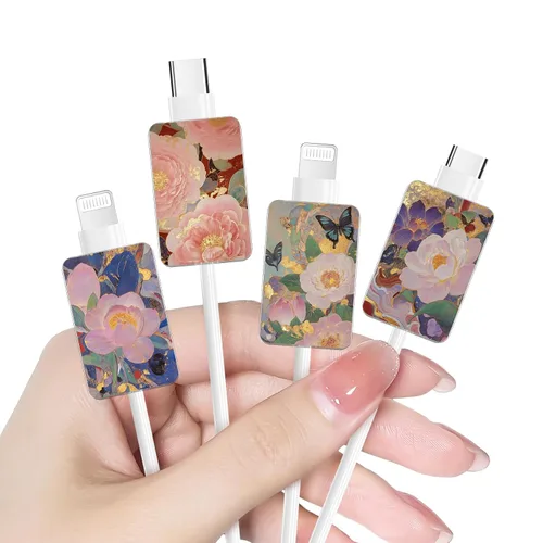 Vista 25 de Bonito protector de cable floral para cargador de iPhone, patrón de lavanda, camelia, girasol, ramo de flores, encaje, cerezo en flor, set de 6