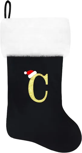 Vista 214 de Calcetines de Navidad bordados de 20 pulgadas con monograma, terciopelo negro con puño de felpa blanca supersuave, adornos clásicos para decoración