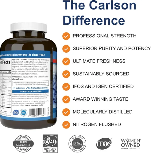 Vista 2 de Carlson Cod Liver Oil gemas – ligera Limón 1.000 mg 150 + 30 sgels