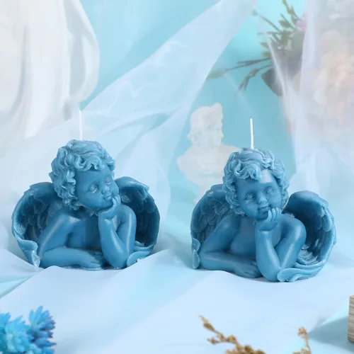 Vista 6 de Nuanchu Eclectic Angel Decor - 2 velas veganas de cera perfumada de soja en blanco y rosa para decoración moderna de dormitorio (azul lago)
