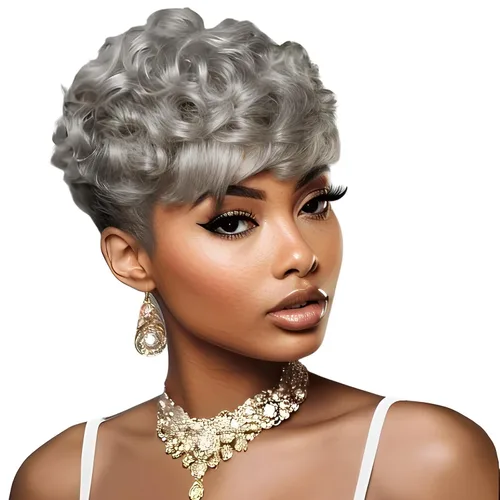 Vista 9 de Pelucas rizadas de corte Pixie para mujeres negras, pelucas cortas negras #1 Jet